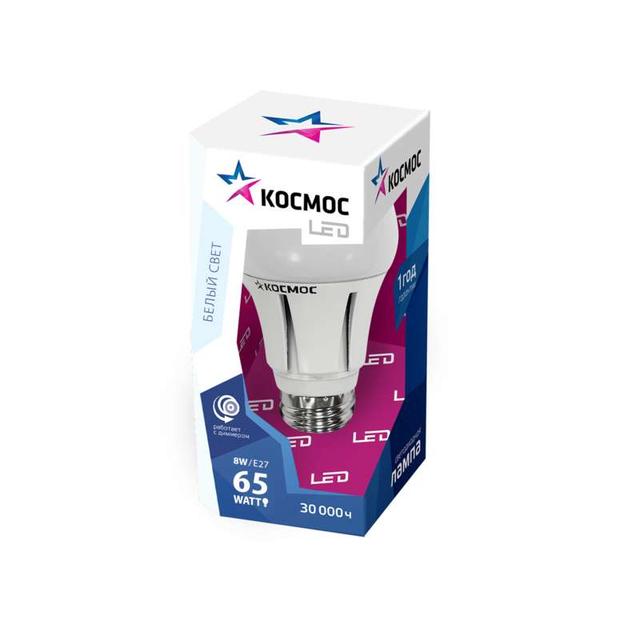 Лампа светодиодная A60 8Вт 4500К E27 220В диммир. КОСМОС Lksm_LED8wA60E2745_d