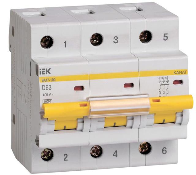 Выключатель автоматический модульный 3п D 63А 10кА ВА47-100 IEK MVA40-3-063-D